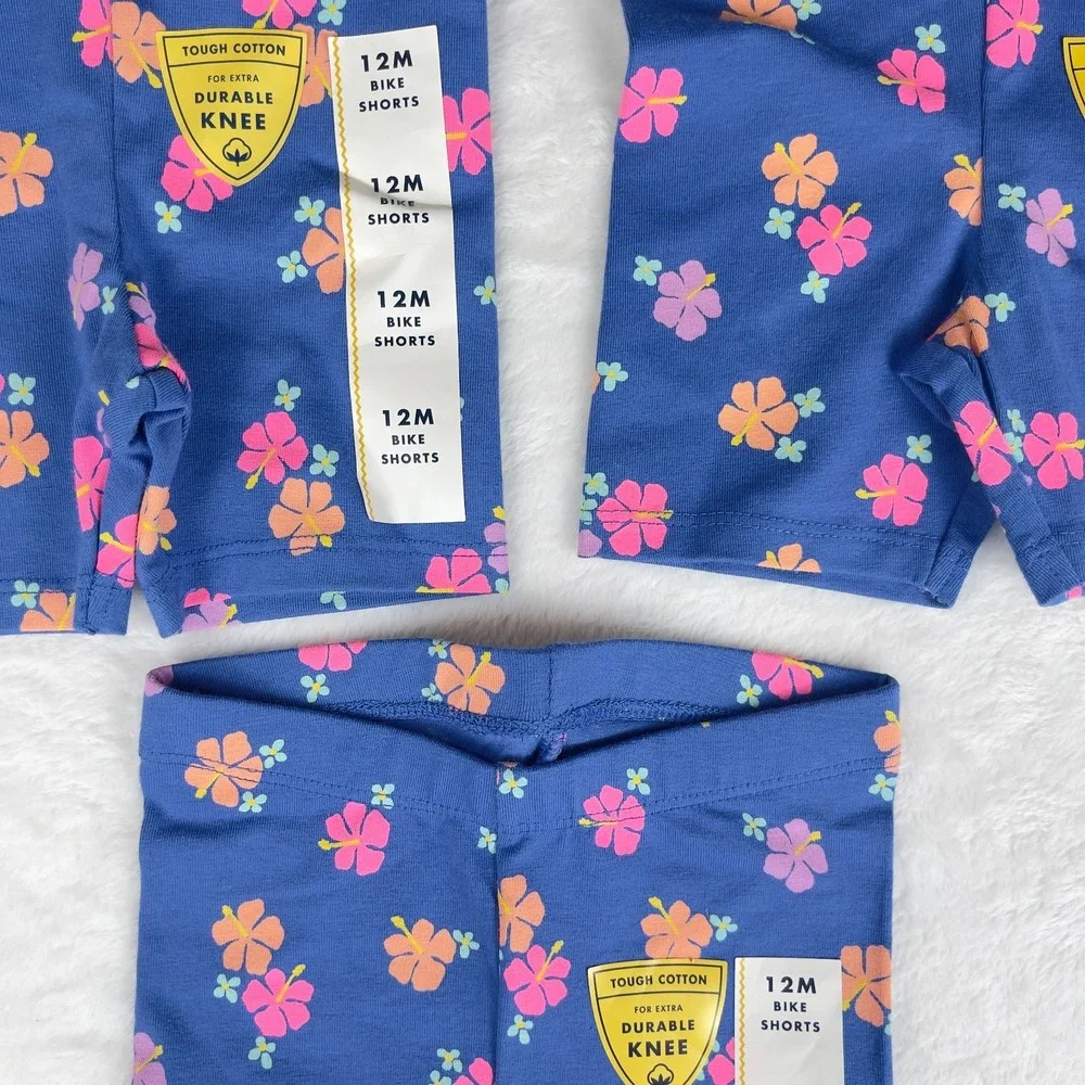 Lot of 3 Cat & Jack Bike Shorts Baby Girls 12M Blue Floral Extra Durable Knee‎